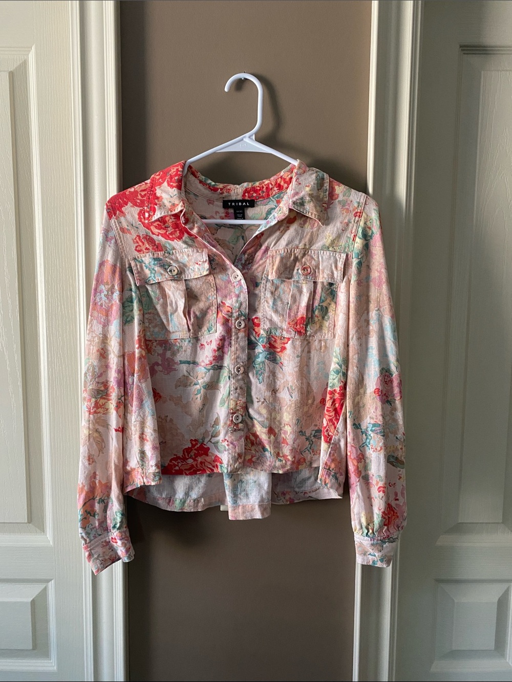 TRIBAL Pink Floral Button-Down Shirt Jacket